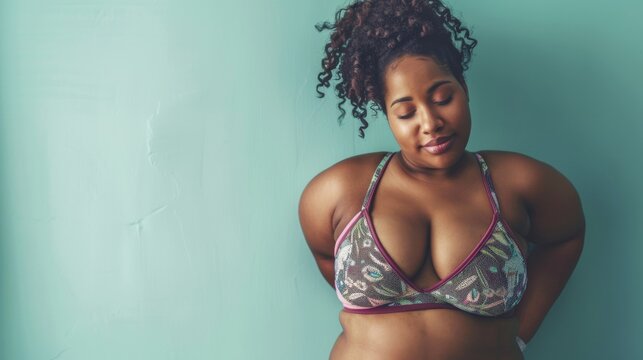 A confident woman in a vibrant garment top stands against a wall, her face and stomach framed by the intricate design of her lingerie, embodying strength and femininity in a powerful photo shoot