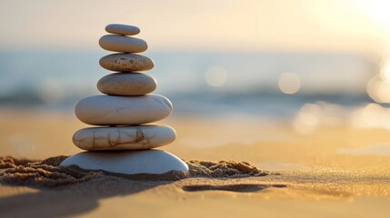 Fototapeta na wymiar Zen Stones in Balance on Sandy Beach at Sunset - Tranquility and Harmony