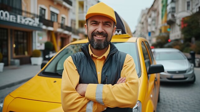 Confident bearded taxi driver standing with arms crossed in front of cab, smiling at camera
