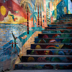 Colorful Artistic Murals on Urban Staircase