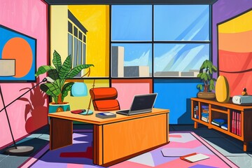 A Painting of a Room With a Laptop on a Desk