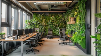 Fototapeta na wymiar Interior shot of an office with greenery or vertical garden, copy space, 16:9