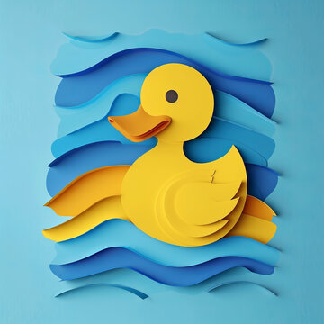 A cheerful paper duck floats on a sea of blue creativity, AI Generative.