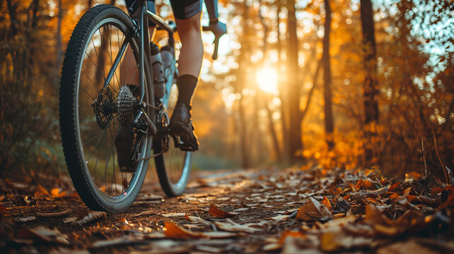 Sun-kissed cyclist's calf by a bike on an autumnal forest trail, showcasing a serene journey, AI Generative.