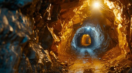 Inside a narrow and modern gold mine gallery with industrial equipment and lighting