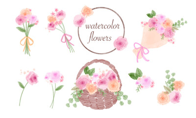 水彩風な可愛いバラの花束セット(ピンク)