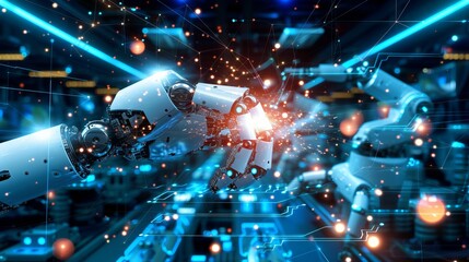 Fototapeta premium Machine powered robot arm on modern production line with blurred background and copy space