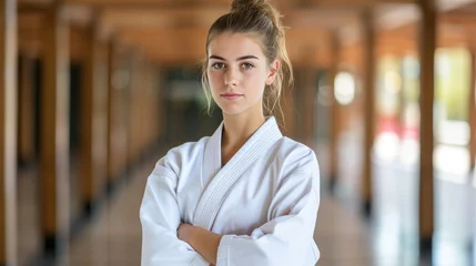 Tuinposter Smiling european woman at judo or karate training session looking away with room for text © Ilja