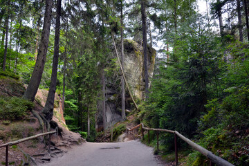 Rock city in Adrspach, Czech Republic. Sandstone rocks formation in Adrspach-Teplice Rocks Nature Park. Touristic path through the park