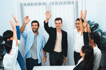 Excited and happy office worker employee celebrate after make successful strategic business...