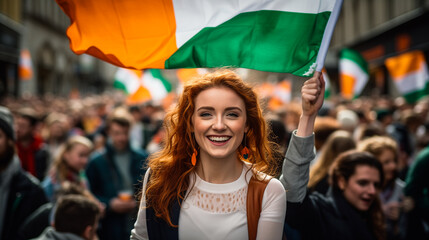 Beautiful Irish Girl Celebrating St. Patrick's Day in Dublin, Patriotic Pride background - Generative AI - obrazy, fototapety, plakaty