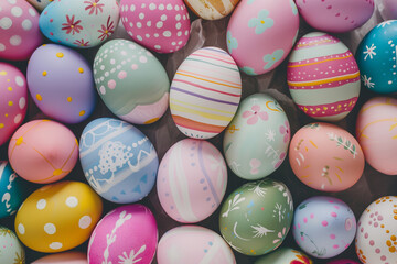 Soft pastel Easter eggs adorned with playful dots, stripes, and floral patterns, evoking a cheerful springtime vibe - obrazy, fototapety, plakaty
