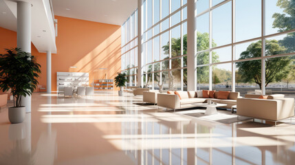 A beautiful modern spacious office hall with panoramic windows and a perspective