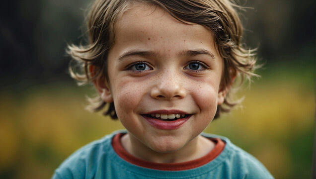 Niño sonriente y feliz rodeado de naturaleza en una escena de primavara