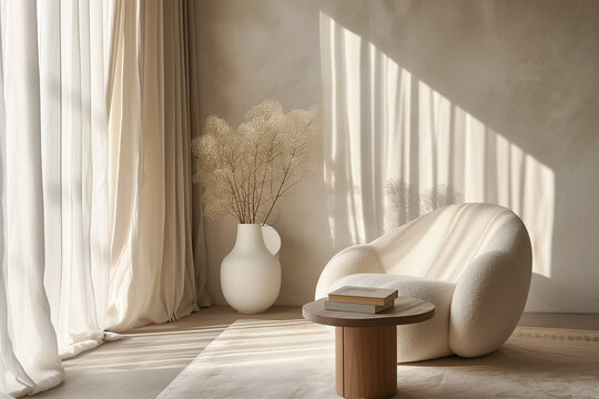 Cozy armchair, vase with dried flowers, little table with books, carpet and curtains to the floor with sunlight and shades on the wall, copy space. Minimalist interior design, ivory hues, queit luxury