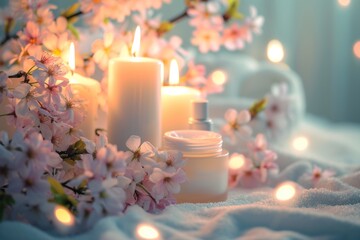 Spa time with candles, body cream and fragrant pink cherry blossoms. Quiet luxuty concept.