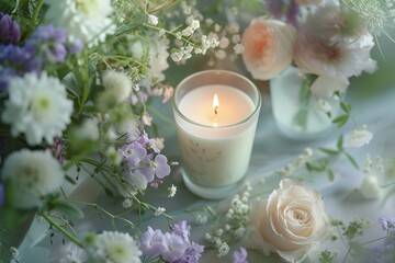 Obraz na płótnie Canvas A lit fragrant candle among flowers in pastel colors. Quiet luxury concept.