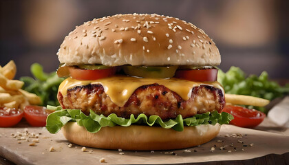Deliciosa hamburguesa con lechuga, tomates, cebolla, queso y patatas fritas.