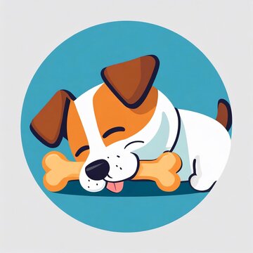 Jack russell terrier logo with bone lying down, 2d flat illustration, drawing cartoon for design.