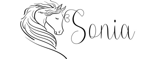 Sonia - black color - name written - vector graphics with stylized horse with heart - for websites, greetings, banners, cards,, t-shirt, sweatshirt, prints, cricut, silhouette, sublimation	 - obrazy, fototapety, plakaty