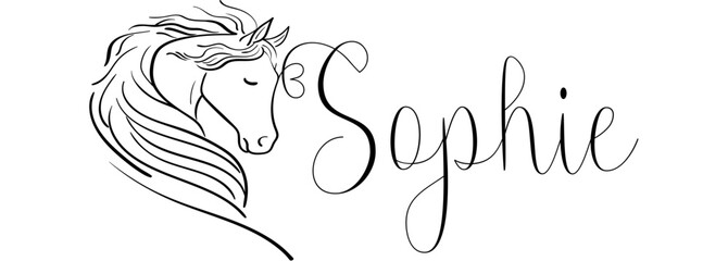 Sophie - black color - name written - vector graphics with stylized horse with heart - for websites,, greetings, banners, cards,, t-shirt, sweatshirt, prints, cricut, silhouette, sublimation	 - obrazy, fototapety, plakaty