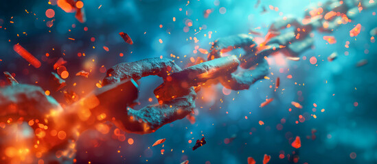 Closeup rusty corroded chain link disintegrating fire sparks - obrazy, fototapety, plakaty