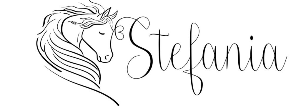 Stefania - black color - name written - vector graphics with stylized horse with heart - for websites, greetings, banners, cards,, t-shirt, sweatshirt, prints, cricut, silhouette, sublimation	