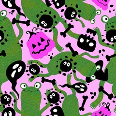 Halloween animals seamless frogs and pumpkins and ghost and skulls pattern for wrapping paper and fabrics 