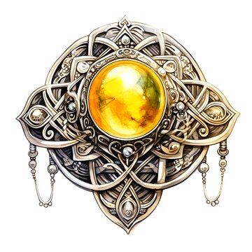 old victorian celtic brooch with large yellow garnet, watercolour painting , detailed , intricate white background. clipart
