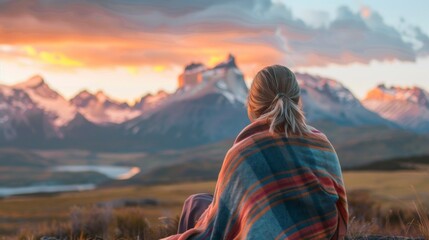 woman with a coat on a mountain top at sunset with the sun in the background in high resolution
