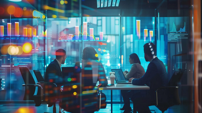 A collaborative session, using high tech displays, brings together a diverse team in a meeting room to collectively analyze data, review reports, and generate innovative solutions for the business.