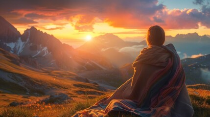 woman with a coat on a mountain top at sunset with the sun in the background in high resolution and high quality. camping concept