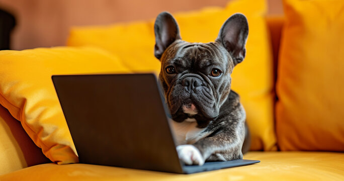 cute funny french bulldog dog working with laptop on couch, frenchie work with portable computer at home