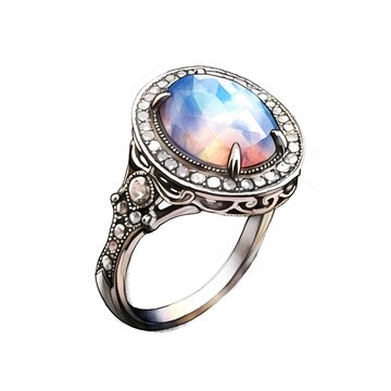 silver antique ring with large opal, watercolour painting , white background. clipart