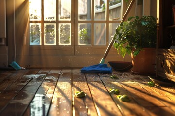 sustainable cleaning. Cleaning Wooden Floor with Mop in Sunlit Room. wooden floor being cleaned with a blue mop, symbolizing household chores and cleanliness