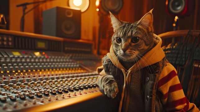 cat sound engineer working at record music studio, animal musician sitting with professional audio mixer console