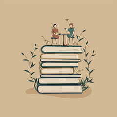 Concept: book is source of knowledge.A tiny woman with friend sitting on stack of books and reading books.Volumes with plants as symbol of education.For library or bookstore.Hand-drawn vector