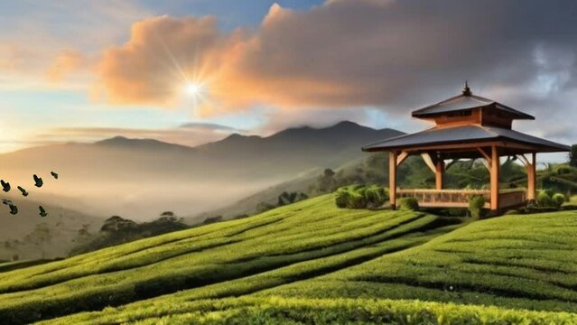 view of the tea garden with gazabo in the afternoon. Animation video