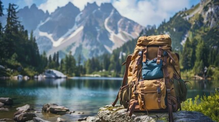 majestic traveling backpack on a stone over a beautiful lake and large green mountains at sunset in high resolution and quality 4k