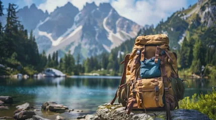 Tuinposter majestic traveling backpack on a stone over a beautiful lake and large green mountains at sunset in high resolution and quality 4k © Marco