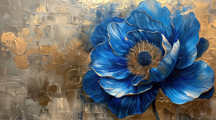 Beautiful spring cobalt blue flower with golden leavs on decorative background as wallpaper illustration, Elegant Cobalt Blue Gold Flower - obrazy, fototapety, plakaty