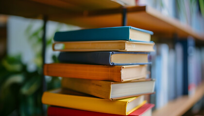 A simple composition of many books, stack or pile of books on wooden table, one of them open with copy space.