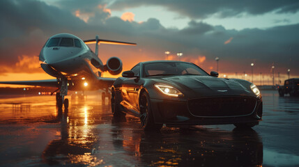 Exquisite Luxury Car and Jet Ensemble at Airport Terminal - obrazy, fototapety, plakaty