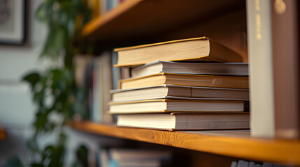 Fototapeta premium A simple composition of many books, stack or pile of books on wooden table, one of them open with copy space.