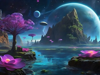 Obraz na płótnie Canvas A cosmic aurora over an alien landscape with floating rocks and exotic plants