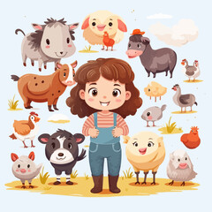 Cartoon kids and farm animals isolated white background. Farm animals care. Cute countryside illustration with horse, sheep, cow, heh, pid, chicken, goose and baby animals