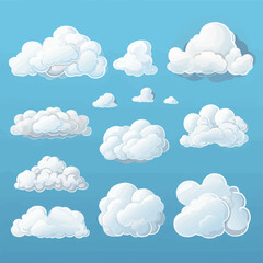 Obraz premium Cartoon white clouds icon set isolated on blue background. Cloudscape in flat style. Blue sky cloud weather symbol. Vector illustration