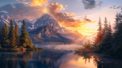 beautiful fairy tale landscape with big mountains and a big lake