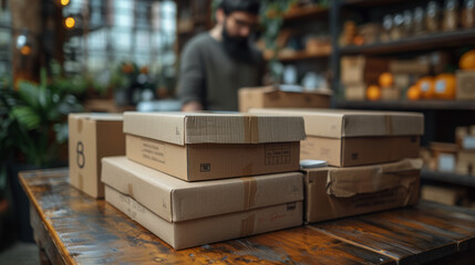 Business with shipments, cardboard shipping boxes on the table - obrazy, fototapety, plakaty