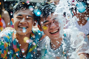 A gay male couple is joyously engaged in Songkran's water festivities - obrazy, fototapety, plakaty
